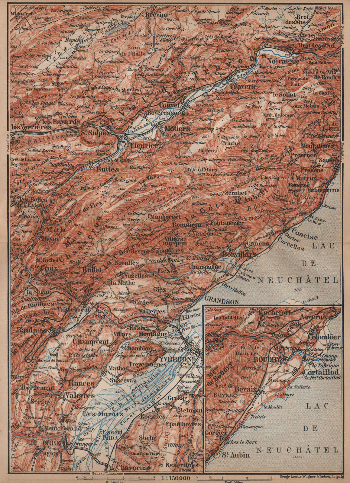 JURA. Val-de-Travers Orbe Noiraigue Yverdon Grandson Môtiers Buttes 1899 map